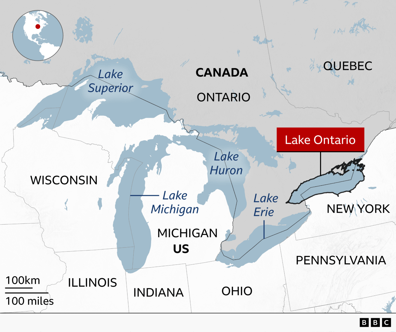 Map of the Great Lakes region of North America showing Lake Ontario highlighted in red. The map labels Ontario and Quebec in Canada and U.S. states including New York, Pennsylvania, Ohio, Michigan, Indiana, Illinois, and Wisconsin. The other Great Lakes, Lake Superior, Lake Michigan, Lake Huron, and Lake Erie, are also labelled