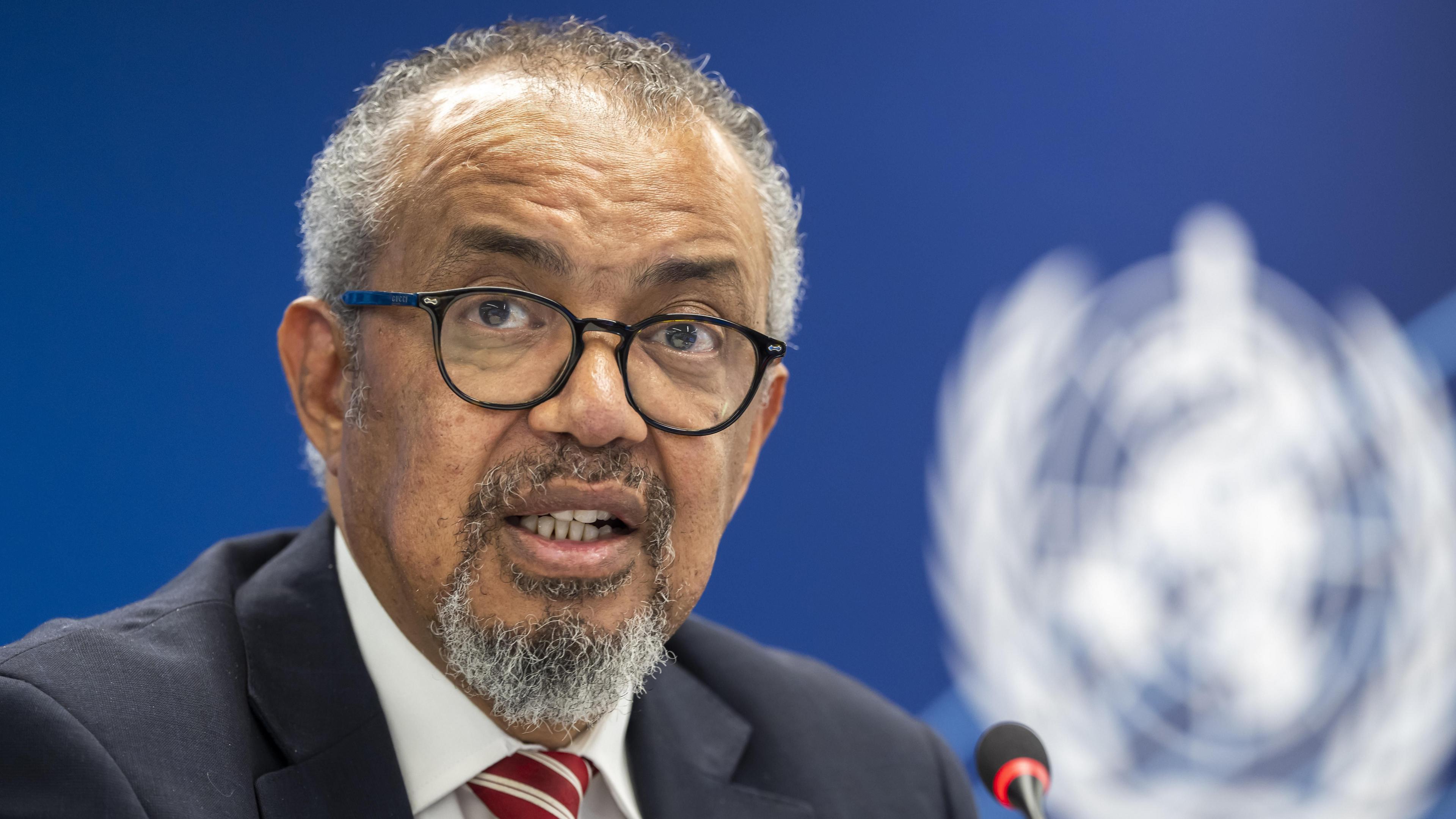 A man with grey curly hair, a beard and black glasses speaks into a microphone.