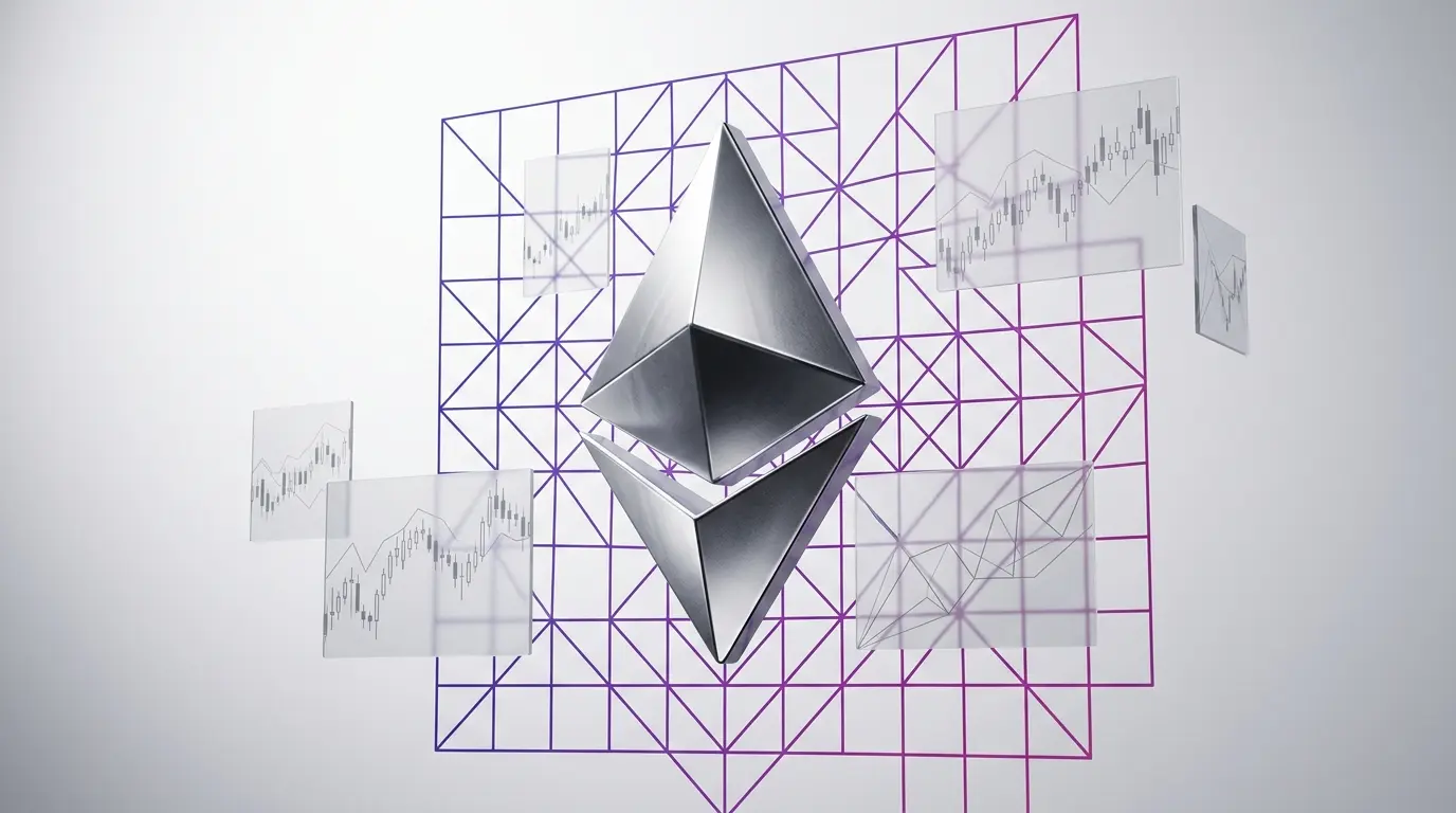 Ethereum logo with gradient grid and abstract price charts in studio lighting