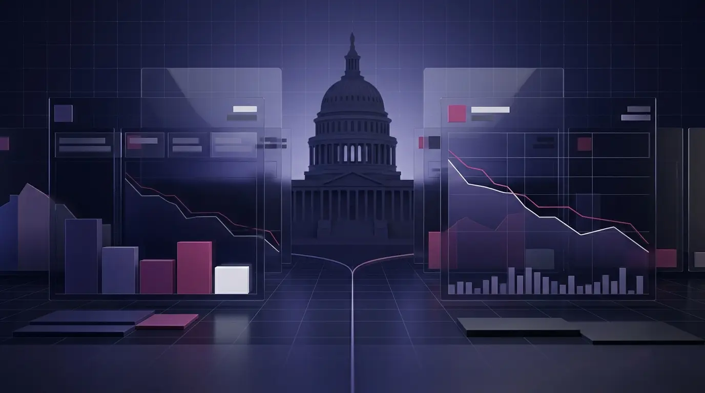 Abstract prediction market showing falling shutdown odds against a Capitol dome silhouette