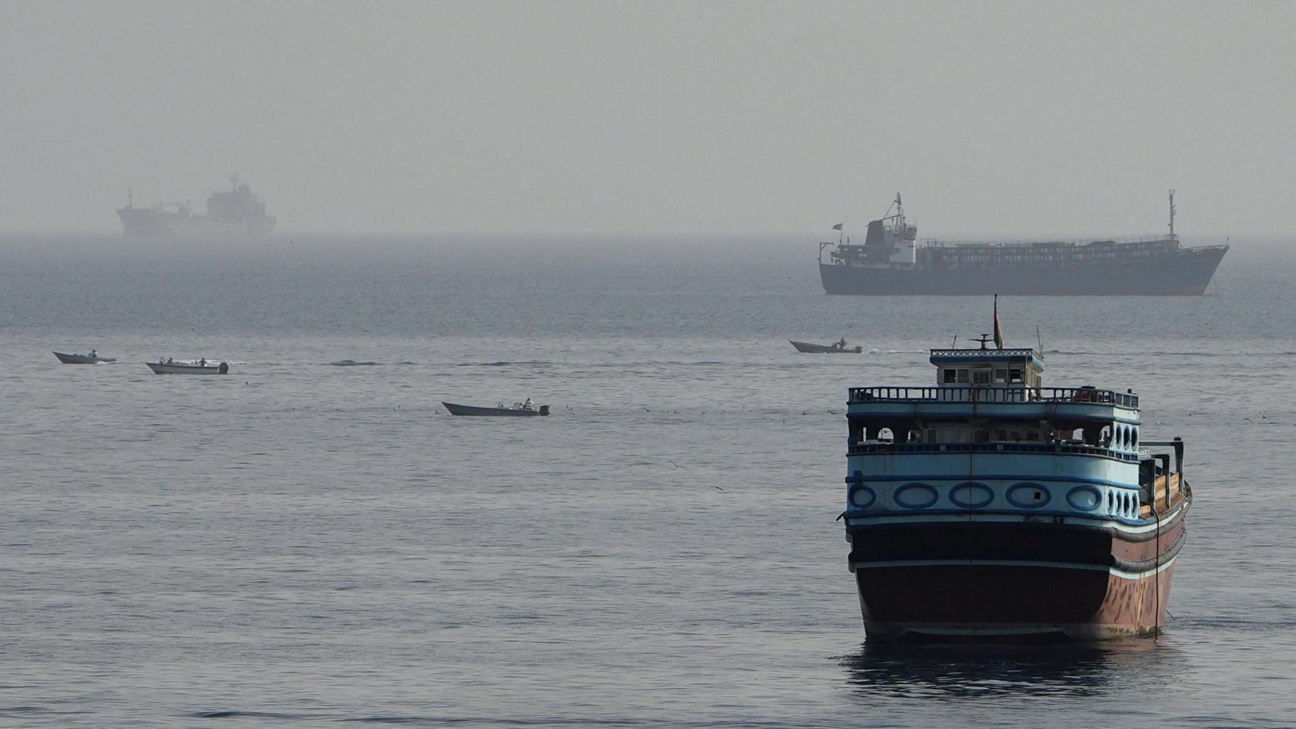 Vessels in the Strait of Hormuz, as seen from Musandam, Oman, August 3, 2026