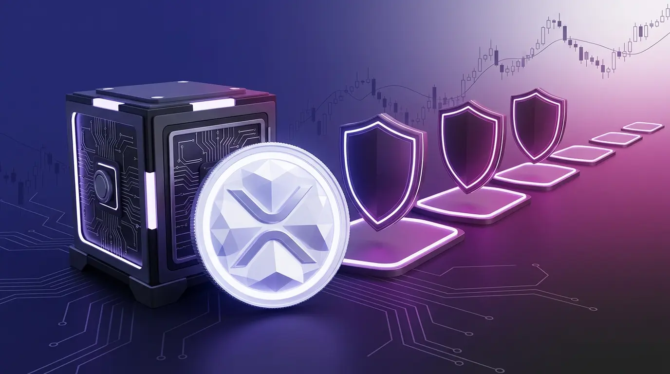 Abstract XRP token beside a four-stage quantum security vault in indigo and magenta lighting