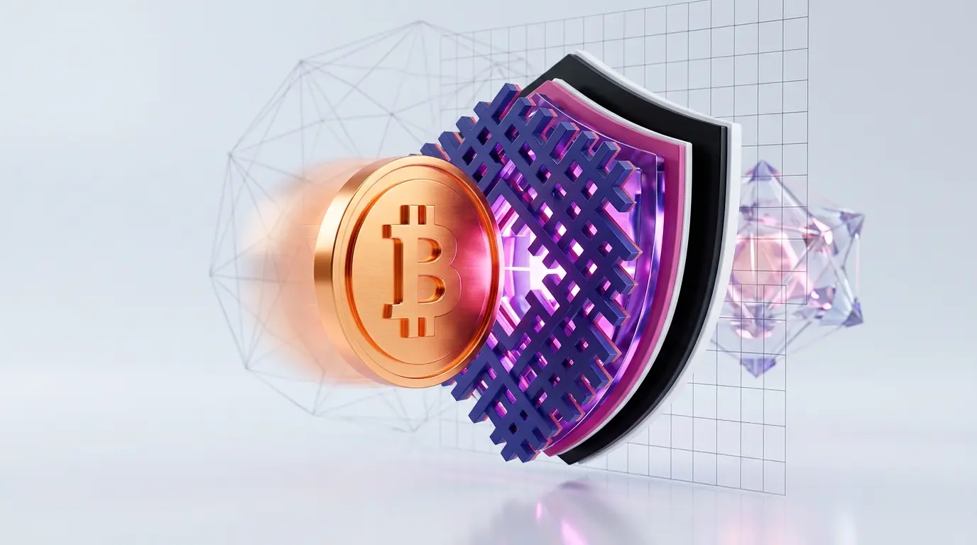 Bitcoin transaction protected by a quantum-resistant cryptographic shield on a futuristic mainnet grid