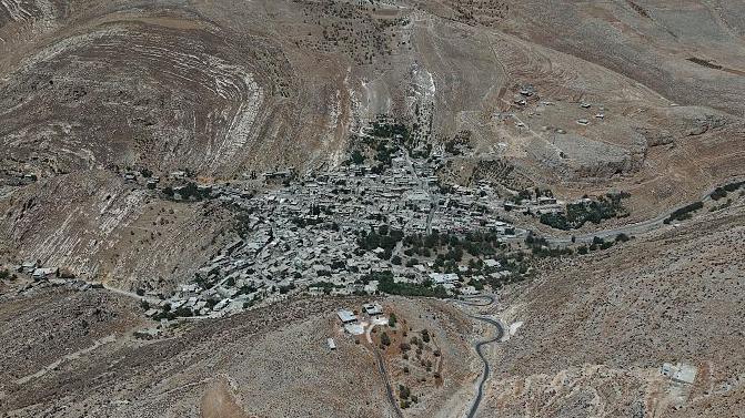 An aerial view of the village of Beit Jinn in Damascus, Syria
