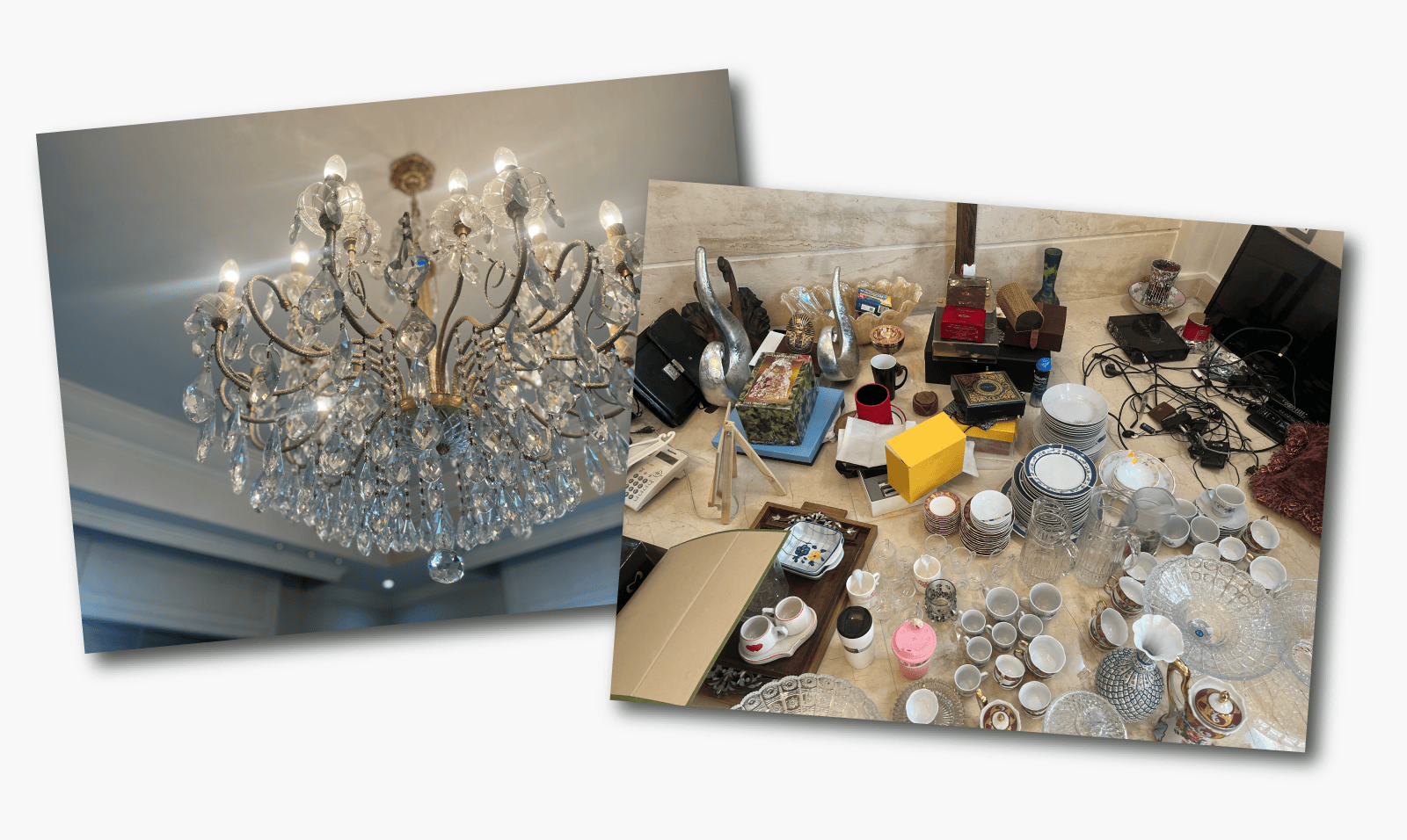 A chandelier and miscellaneous crockery and cutlery - contents of Hussam Luka's apartment