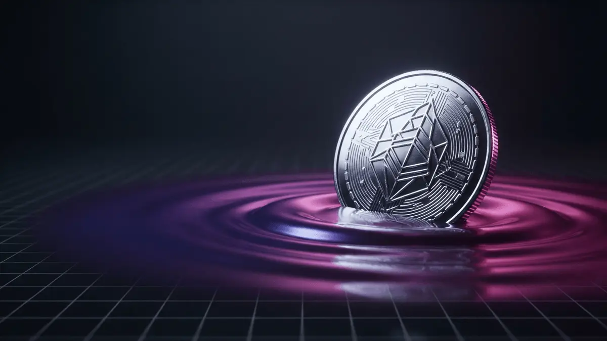 Metallic crypto coin sinking into purple gradient liquid with grid overlay