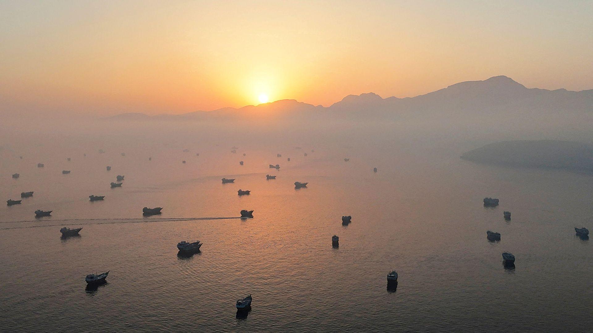 Vessels in the Strait of Hormuz, as seen from Musandam, Oman, June 15, 2026