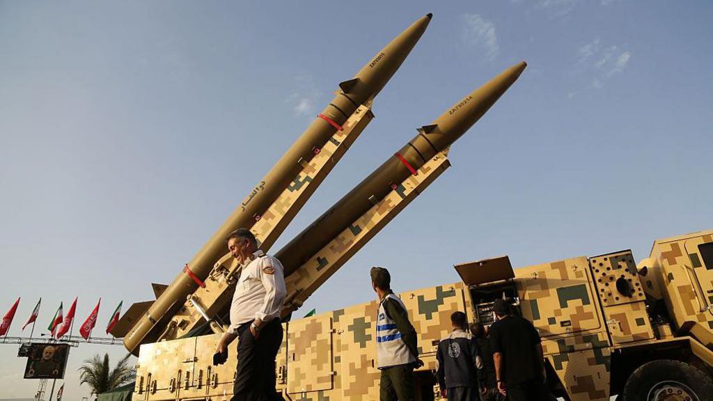 Missile launchers in a square in Iran.