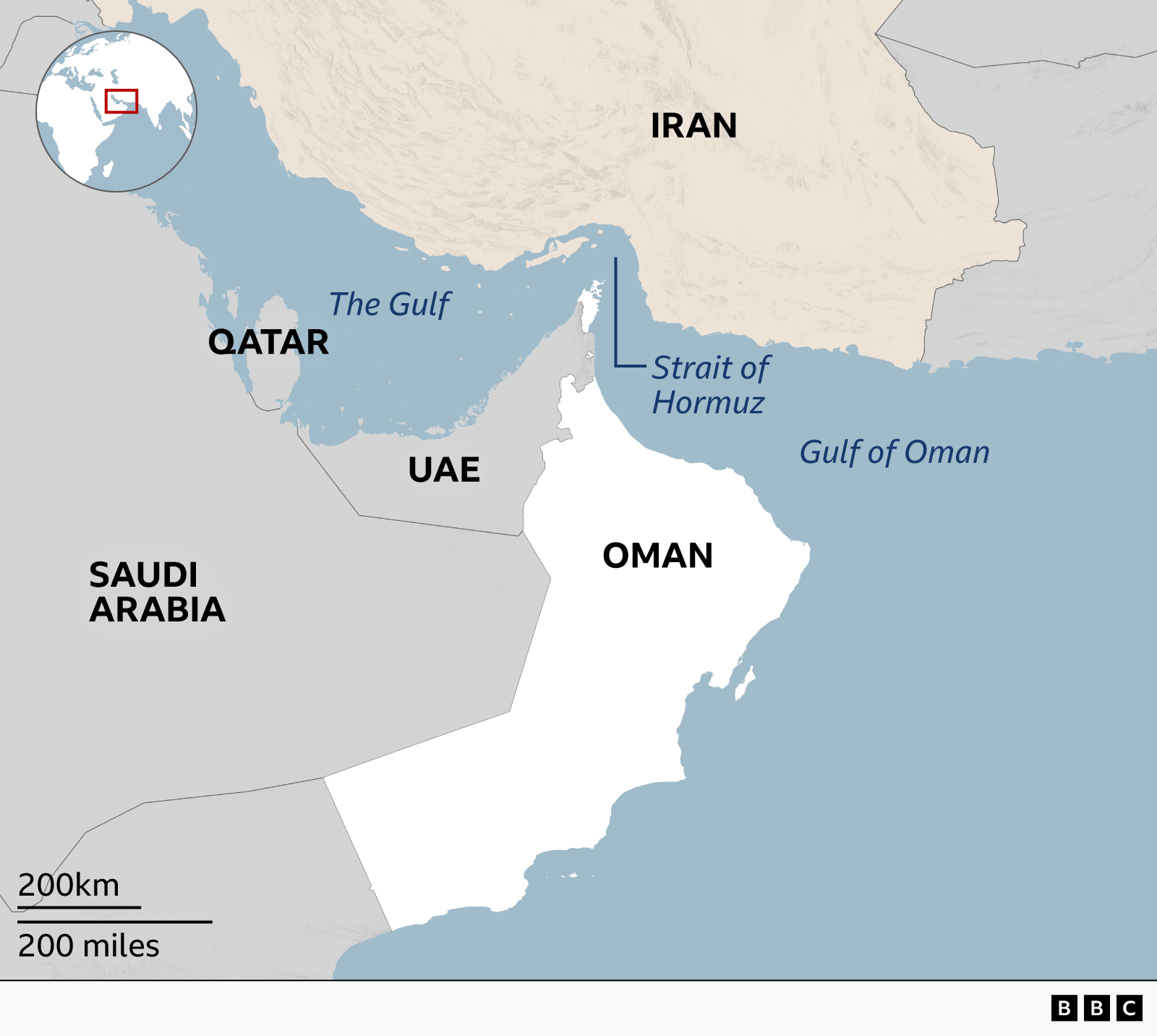 A map of the Middle East shows Israel, Saudi Arabia, Qatar, the United Arab Emirates (UAE), Oman and Iran. The Gulf and the Strait of Hormuz are labelled, highlighting the narrow waterway between Iran and Oman that connects the Gulf to the Gulf of Oman.