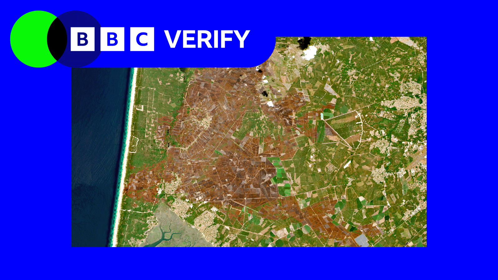 A satellite image showing wildfire burn marks across a large area of land in south-western France near Bordeaux