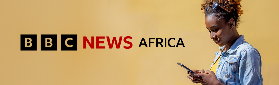 To the right of the banner a woman with sunglasses on her head and wearing a denim jacket and yellow T-shirt looks down at her mobile phone. A graphic for BBC News Africa in black and red is on the left of the image which has a pale golden brown background.