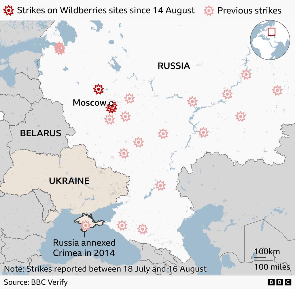 Latest strikes on Wildberries sites as shown in a map of Russia and Ukraine