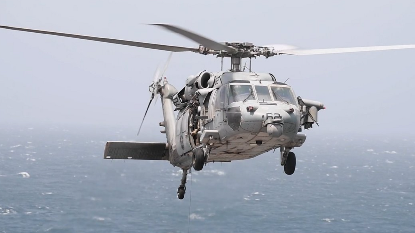 A photo of a US Navy MH-60 helicopter used by US Central Command in its post to inform about missile strikes on a cargo ship
