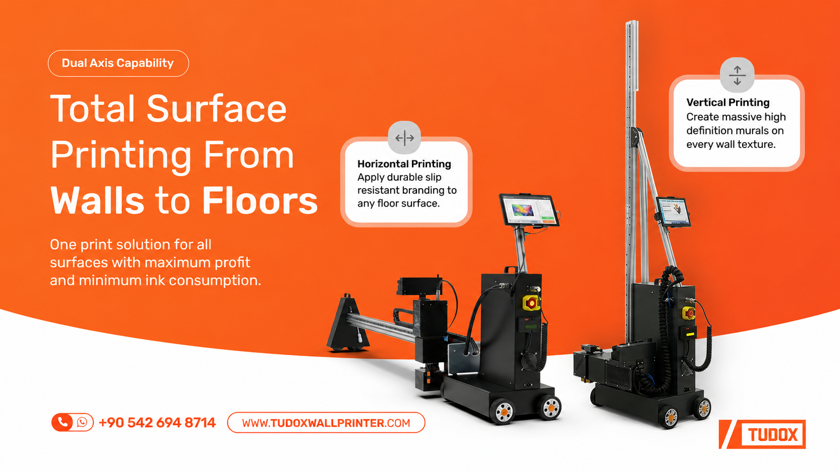 Wall Printing Is Becoming A Business. A Turkish Manufacturer Wants To Supply It. 1 Two Tudox UV wall printers, one configured with a horizontal floor-printing rail and one on a vertical mast.