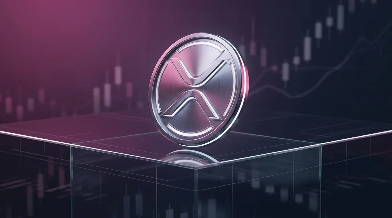 Abstract XRP-inspired asset balanced above a dark trading platform amid magenta market momentum and leverage risk