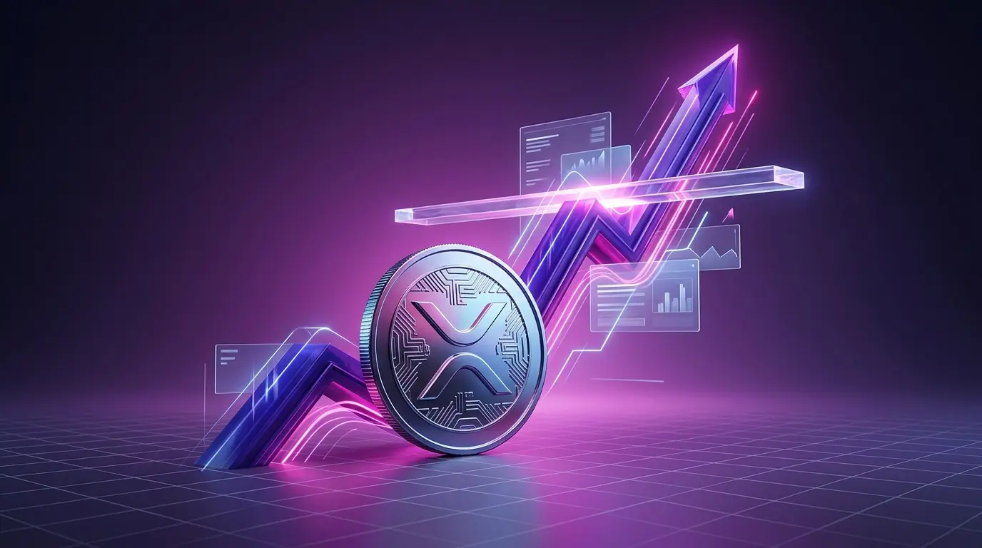3D XRP coin rising through a digital resistance barrier amid purple and magenta ETF market momentum