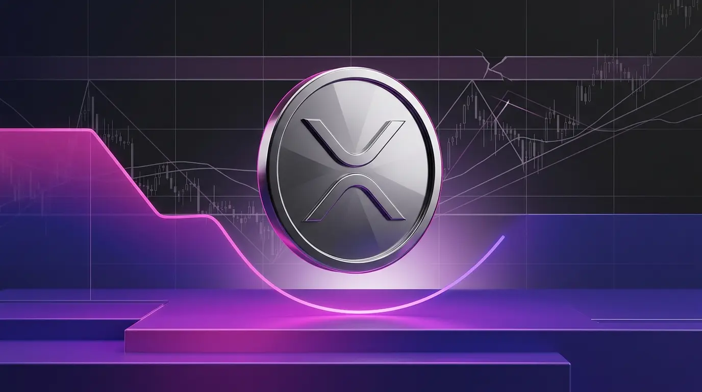 Abstract XRP-inspired asset hovering above a glowing $1.40 support zone with purple-magenta market grid