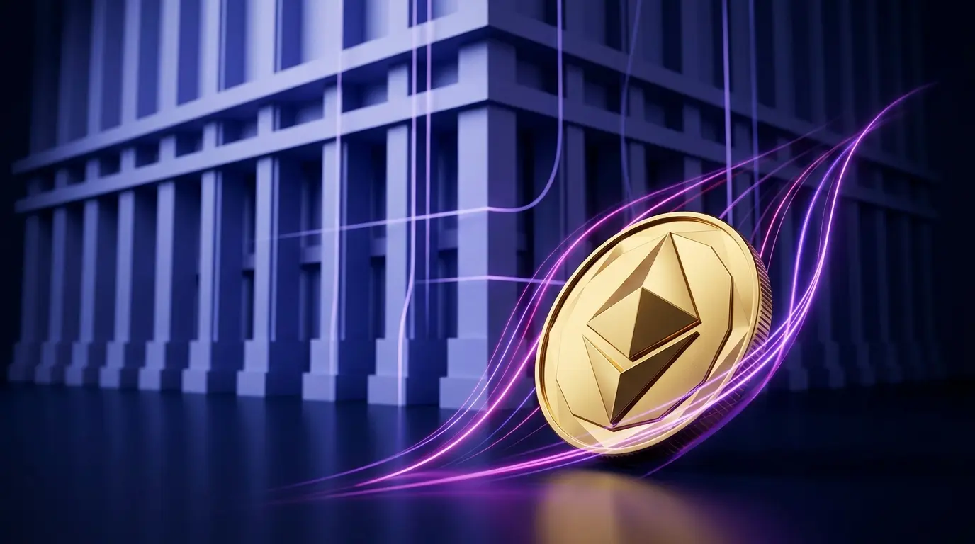 Faceted gold crypto token rising against magenta market momentum and a cool blue macroeconomic resistance wall