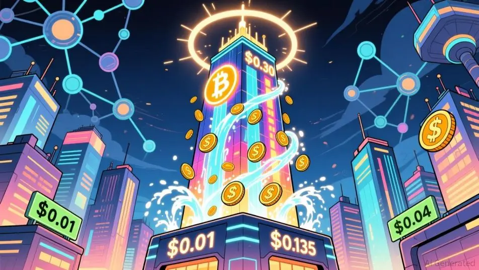 Colorful city skyline with a Bitcoin symbol and floating dollar coins.
