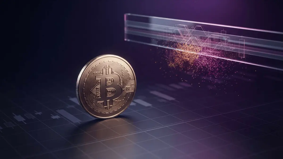 Bitcoin-inspired coin pressing against a glowing resistance barrier in a crypto market analysis scene