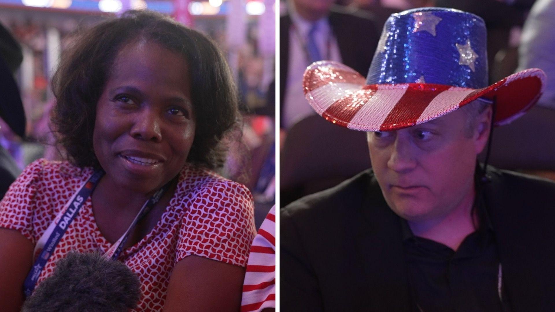 A splitscreen of a woman on the left in a lanyard and a man on the right in a USA cowboy hat.