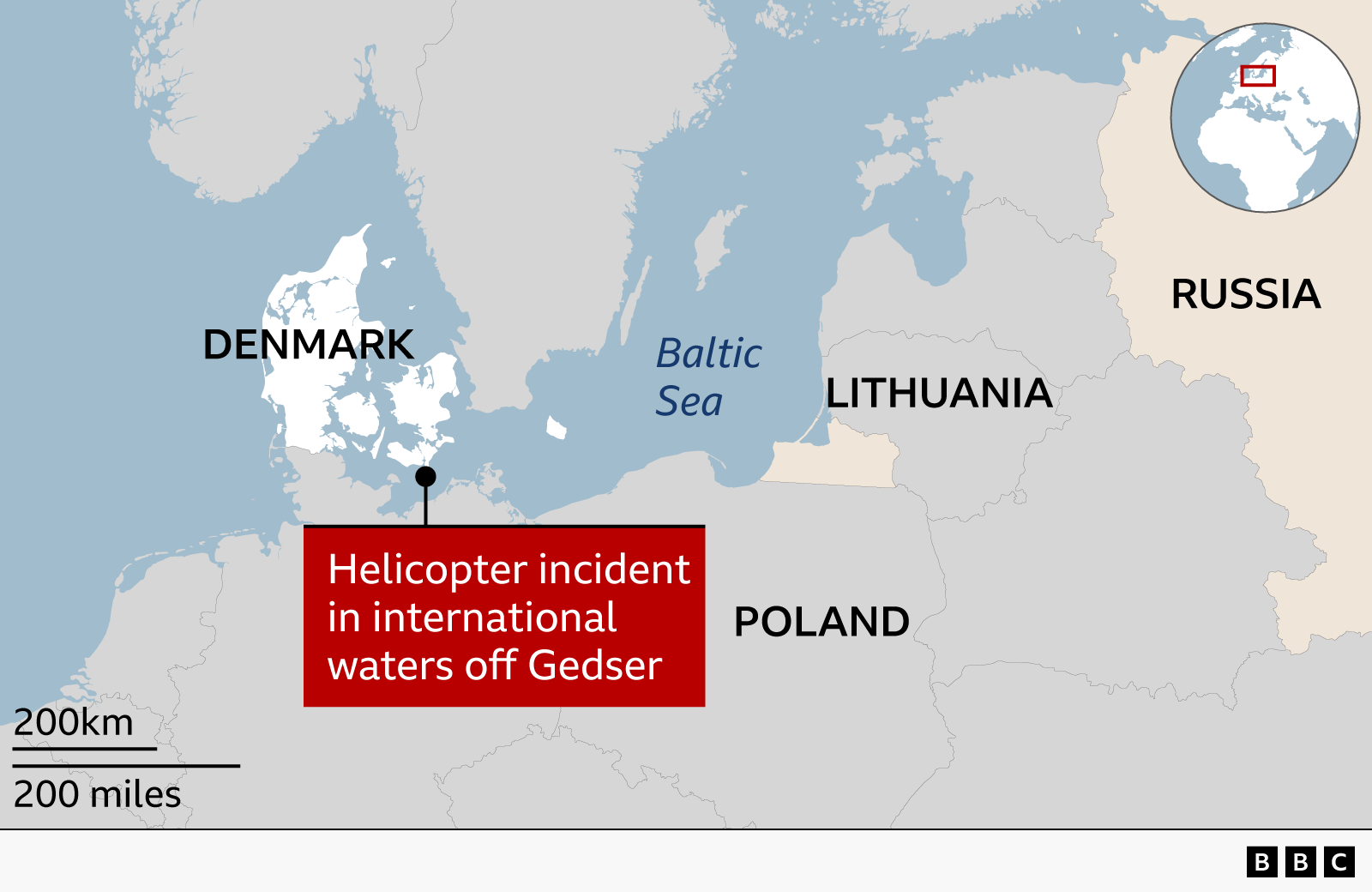 Map of the Baltic Sea region showing Denmark, Lithuania, Poland and Russia. A marker indicates the location of a helicopter incident in international waters off Gedser, near Denmark's southern coast.