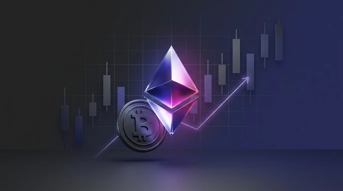 Ethereum symbol gaining strength against Bitcoin in a polished crypto market visual