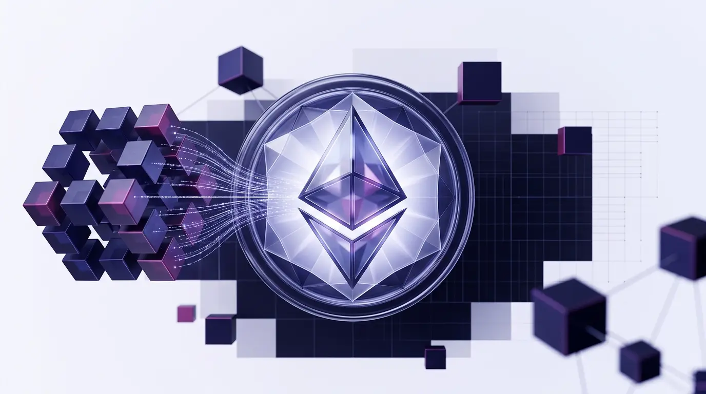 Ethereum-inspired settlement hub absorbing a migrating Layer-1 blockchain in a polished crypto editorial scene