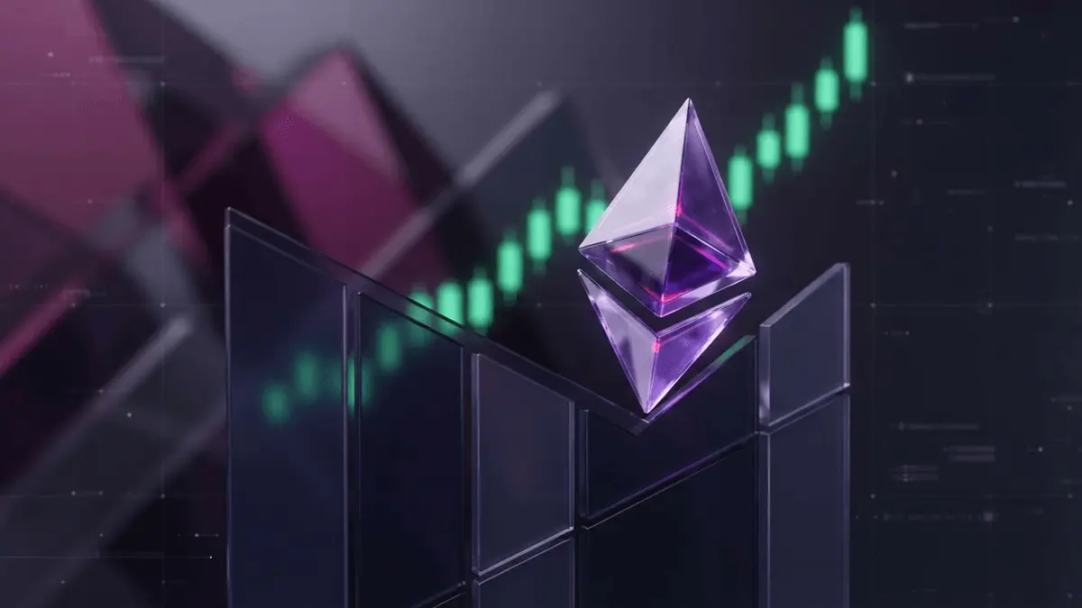 Ethereum emblem breaking above a geometric bearish channel in a purple and magenta crypto market scene