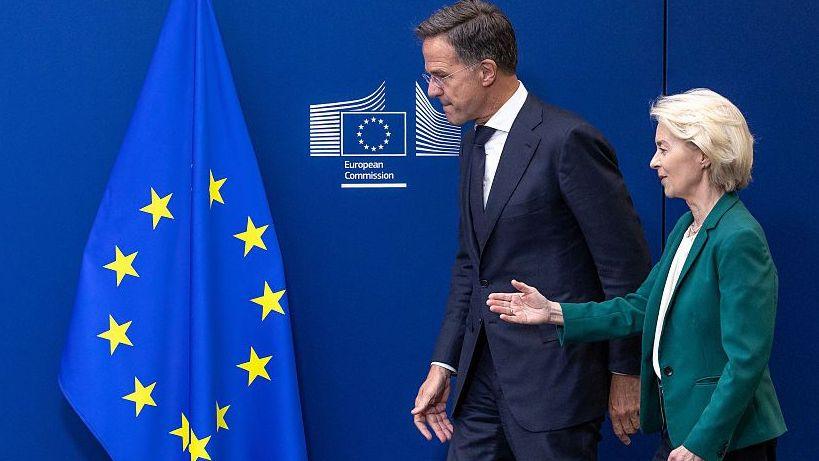 European Commission President Ursula von der Leyen (R)and NATO Secretary General Mark Rutte arrive for a press statement at EU headquarters on September 2, 2026