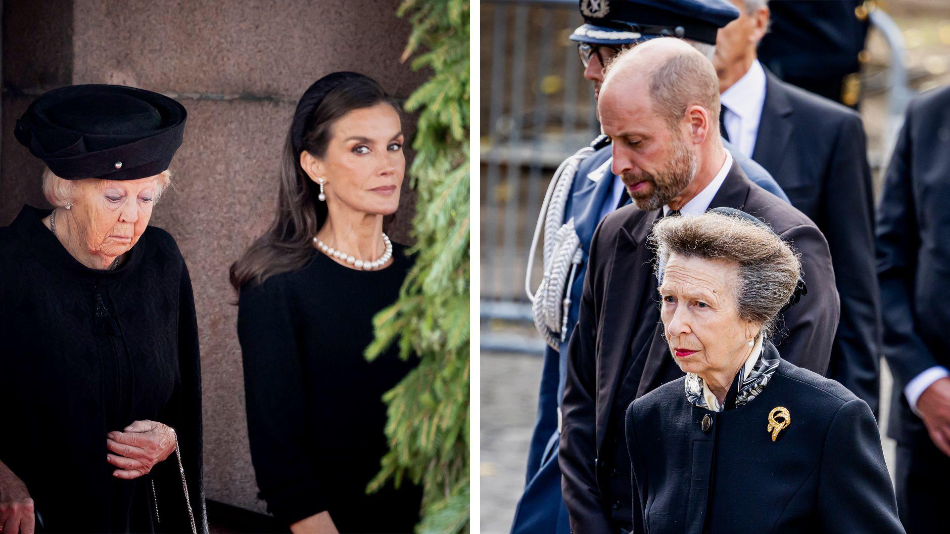 In a composite image, Beatrix, who has a grey-blonde bob and wears a black hat, looks on as she walks next to Letizia, who has dark brown long hair and wears a black headband. In the separate image on the right, William is seen in morning dress, walking next to Anne, who wears a black hat and black jacket with a gold brooch.