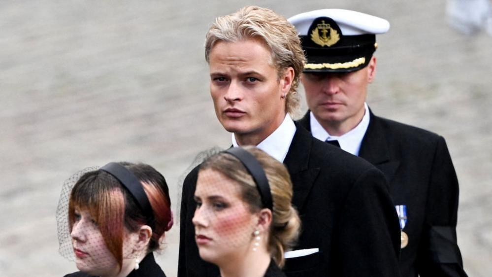 Princess Martha Louise of Norway, her husband Durek Verrett and Marius Borg Høiby leave from the venue for the funeral service