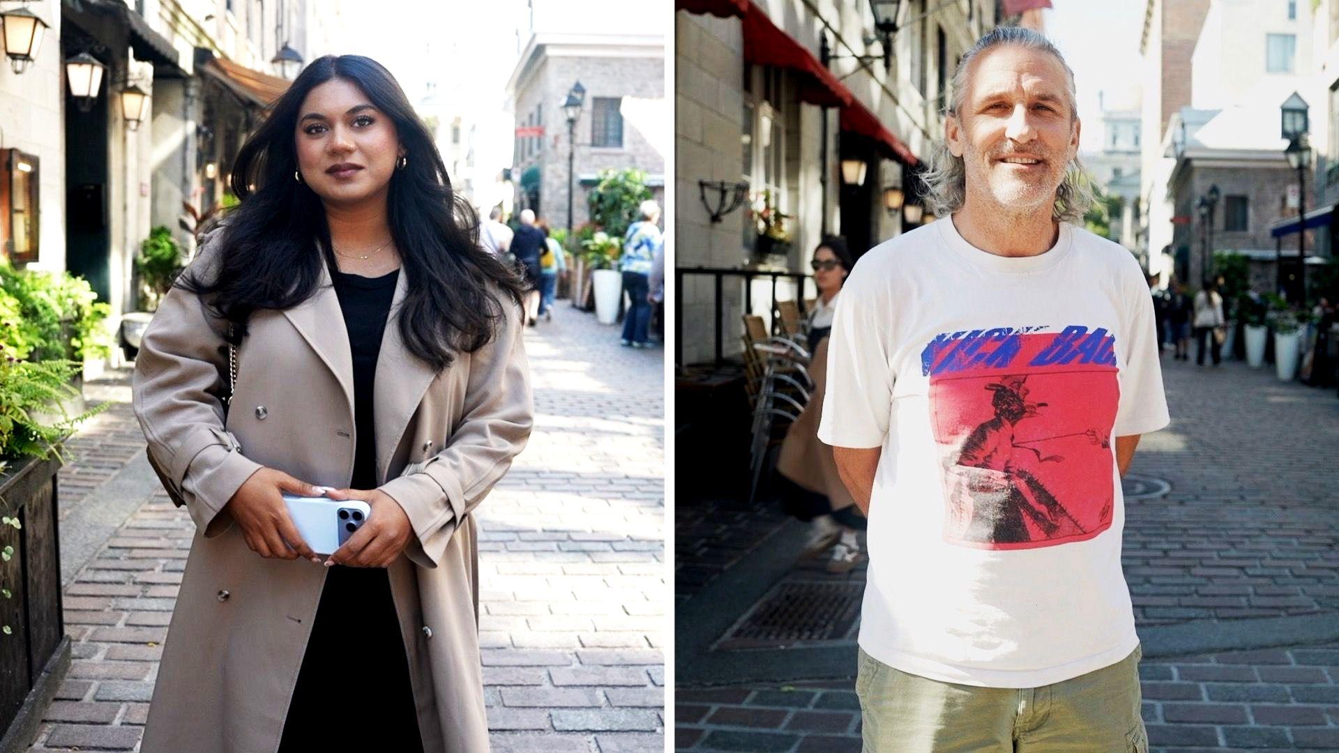 Split screen of a woman in a long coat and a man in a t-shirt - both standing outside in a street.