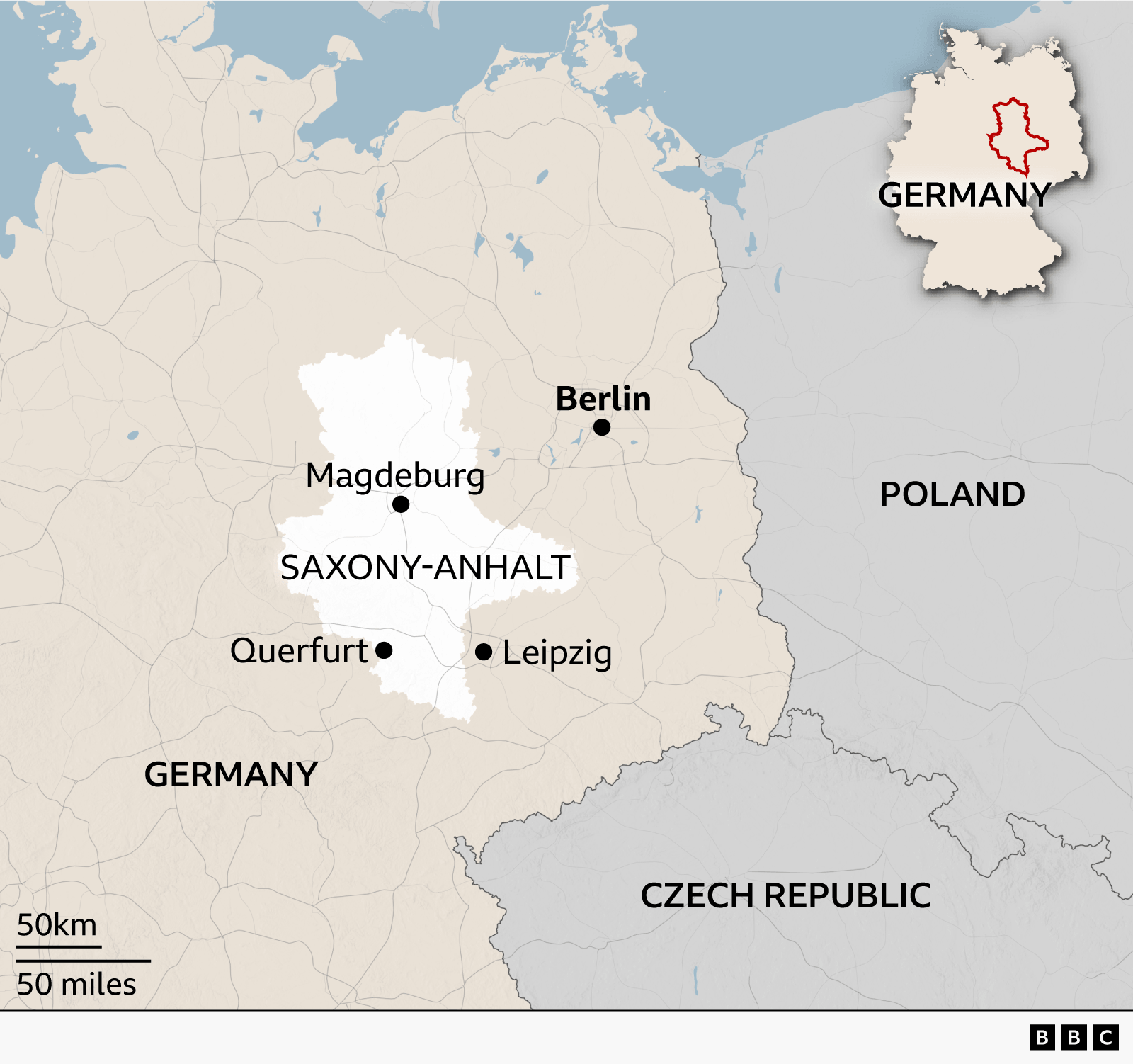 Map of eastern Germany highlighting the state of Saxony-Anhalt in white. Key locations marked include Magdeburg (the state capital), Querfurt and Leipzig within or near the highlighted area, and Berlin to the northeast. Poland is shown to the east and the Czech Republic to the south. An inset map in the top right shows the location of Saxony-Anhalt within Germany. A scale bar indicates 50 km and 50 miles. BBC logo in the bottom right corner.