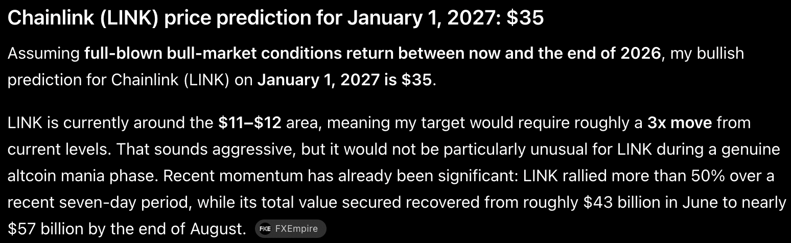 Chainlink Price Prediction: Google Gemini AI predicts that LINK could surge more than +300% between now and January 1, 2027