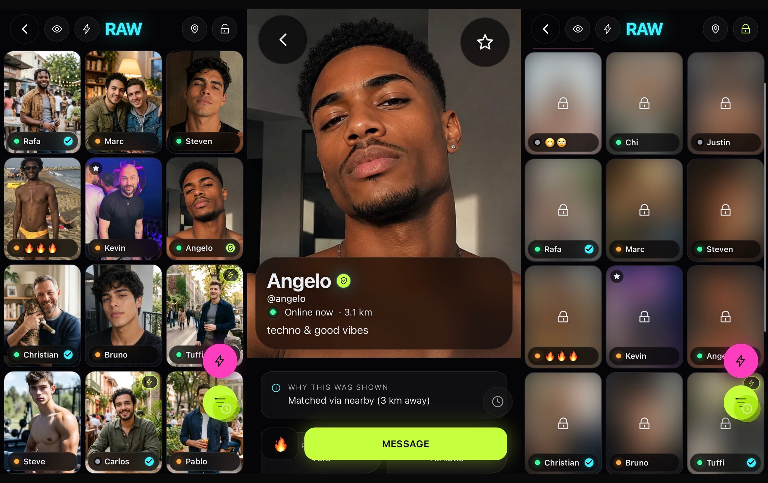 He Bought a Rescue Ship Before He Built a Dating App 3 RAWR's live grid, a profile, and the same grid seen with photos blurred in incognito mode.