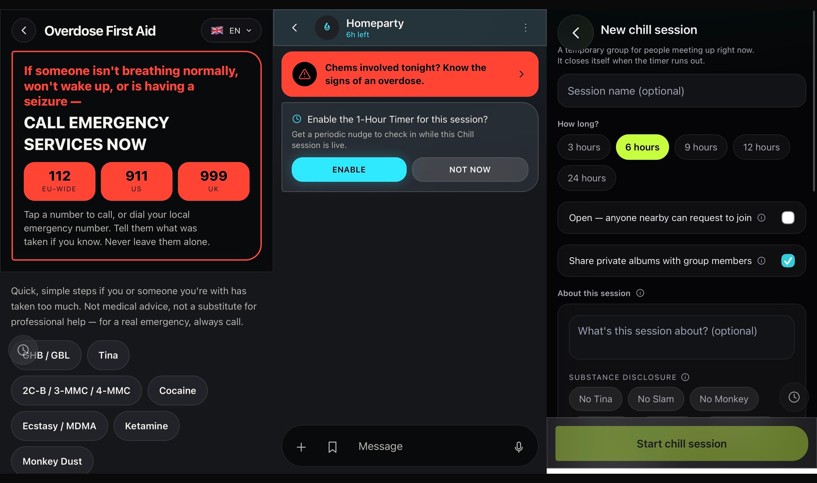 He Bought a Rescue Ship Before He Built a Dating App 4 The overdose first-aid screen, the chems warning that heads a live meetup, and substance disclosure when one is created.