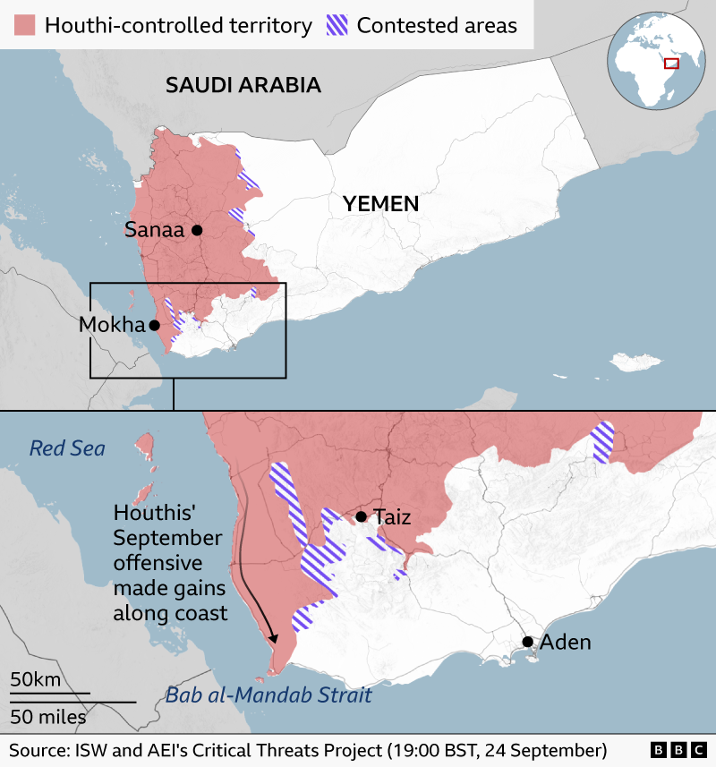 Two-panel map of Yemen showing Houthi-controlled territory and contested areas on 24 September. Houthi-controlled territory, shaded pink, covers much of western Yemen including Sanaa and extends south along the Red Sea coast towards the Bab al-Mandab Strait. Purple-striped areas mark contested territory around the boundaries of Houthi control. The enlarged lower map highlights gains made by a Houthi offensive along the southwest coast in September, with Taiz shown on the front line. An inset globe locates Yemen. Source: ISW and AEI’s Critical Threats Project.