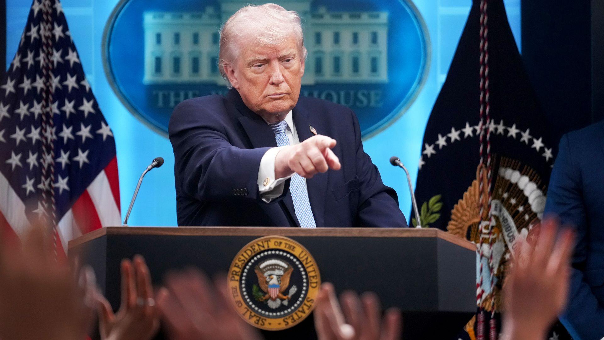 President Donald Trump and Defense Secretary Pete Hegseth conduct a news conference in the White House briefing room about the war in Iran on Monday, April 6, 2026.