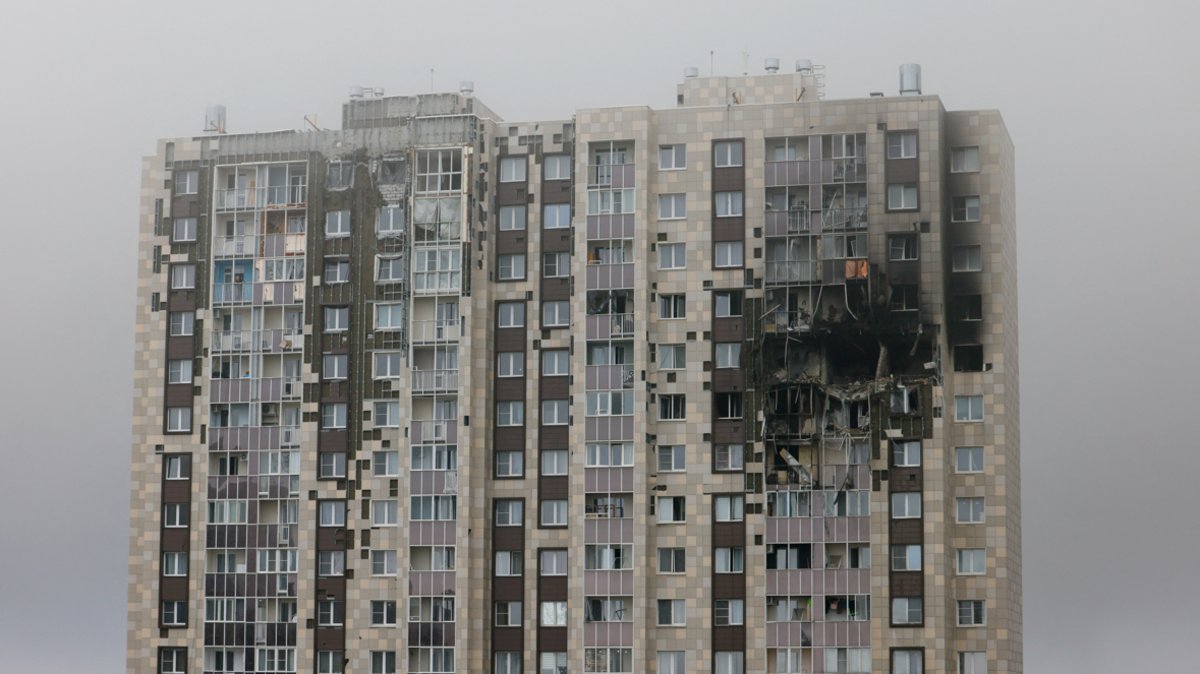 A damaged multi-storey residential building hit by what authorities described as a Ukrainian drone strike in Kotelniki, in Russia's Moscow region on 20 September