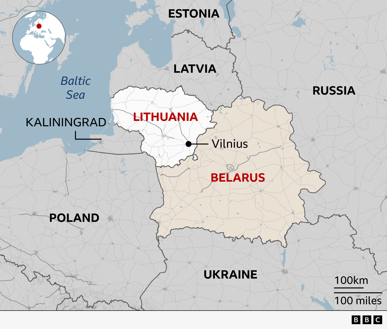 A BBC map showing the locations of Lithuania, Belarus and the Russian exclave Kaliningrad.