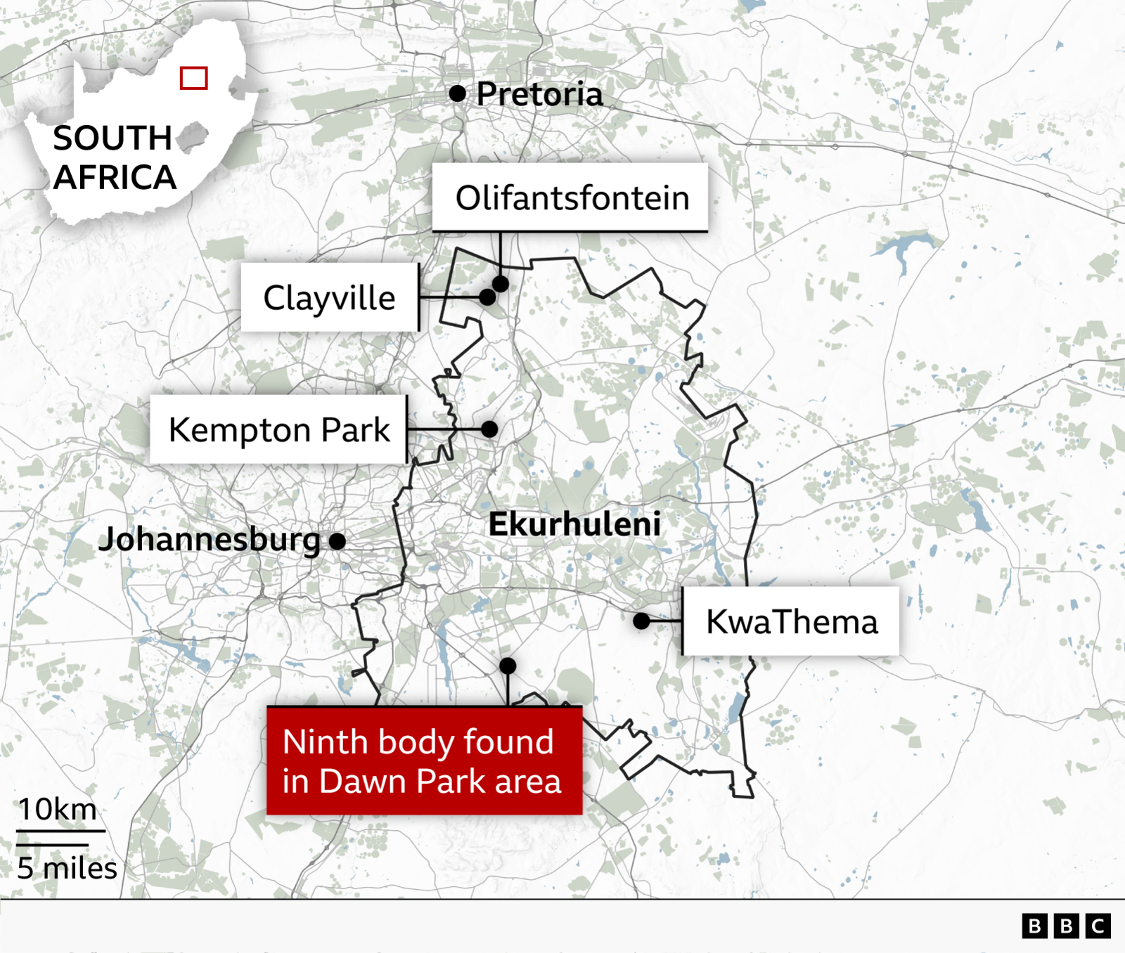 Map of Ekurhuleni, east of Johannesburg in South Africa, showing the locations of Clayville, Olifantsfontein, Kempton Park and KwaThema. A red label indicates the Dawn Park area to the south, where a ninth body was found.