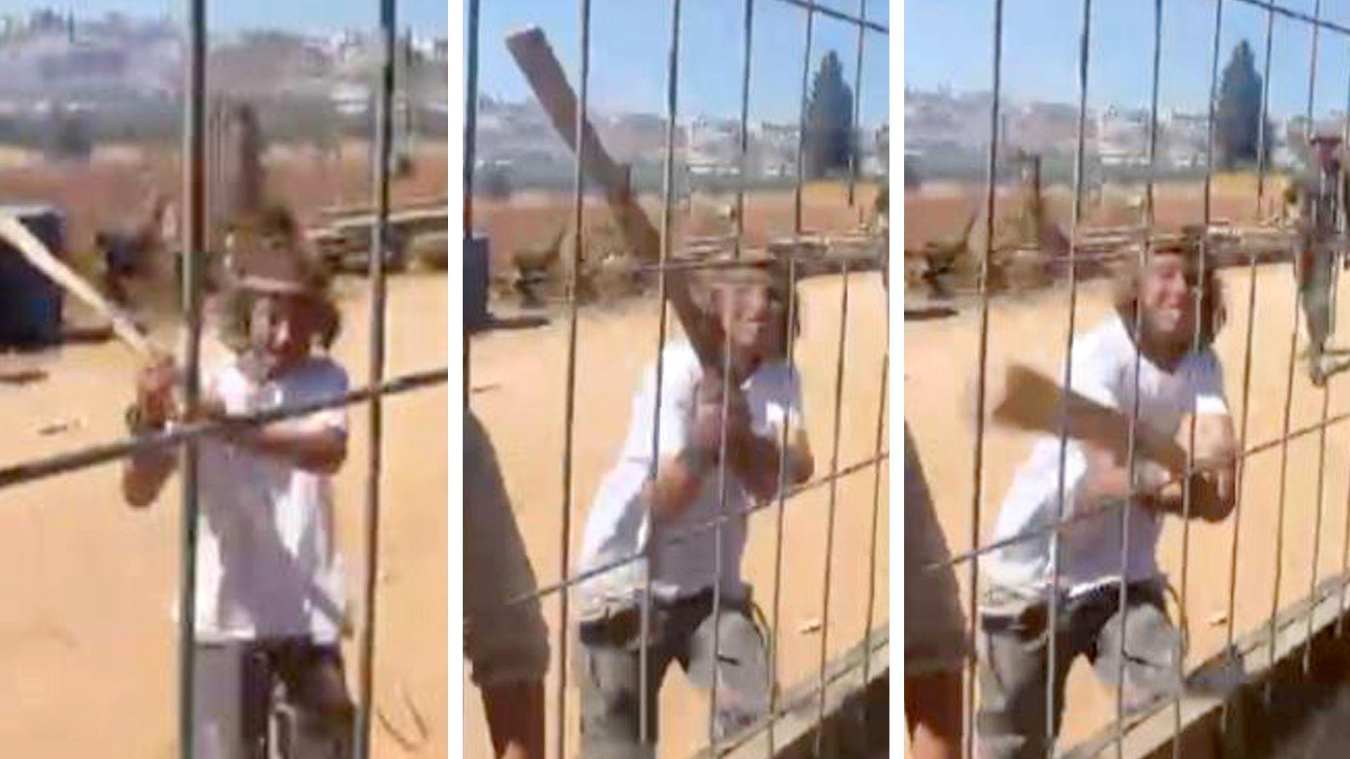 Screengrabs from a video showing a teenage Israeli settler using a stick to hit a metal gate and fence during an attack on a Palestinian home in the village of al-Mughayyir, near Ramallah, in the Israeli-occupied West Bank (11 July 2026)