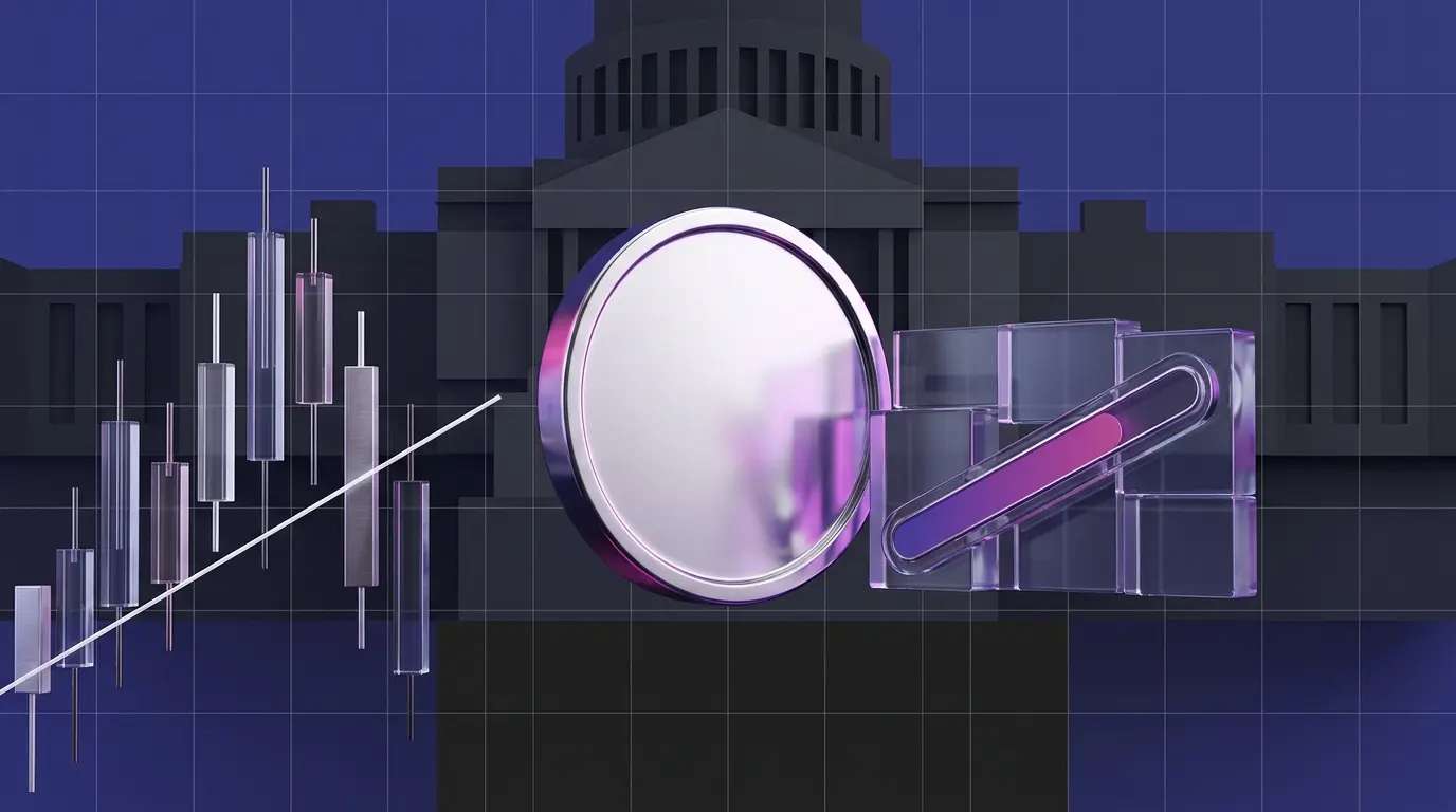 XRP-inspired coin beside abstract market levels and a Senate vote indicator in a purple-magenta crypto news scene