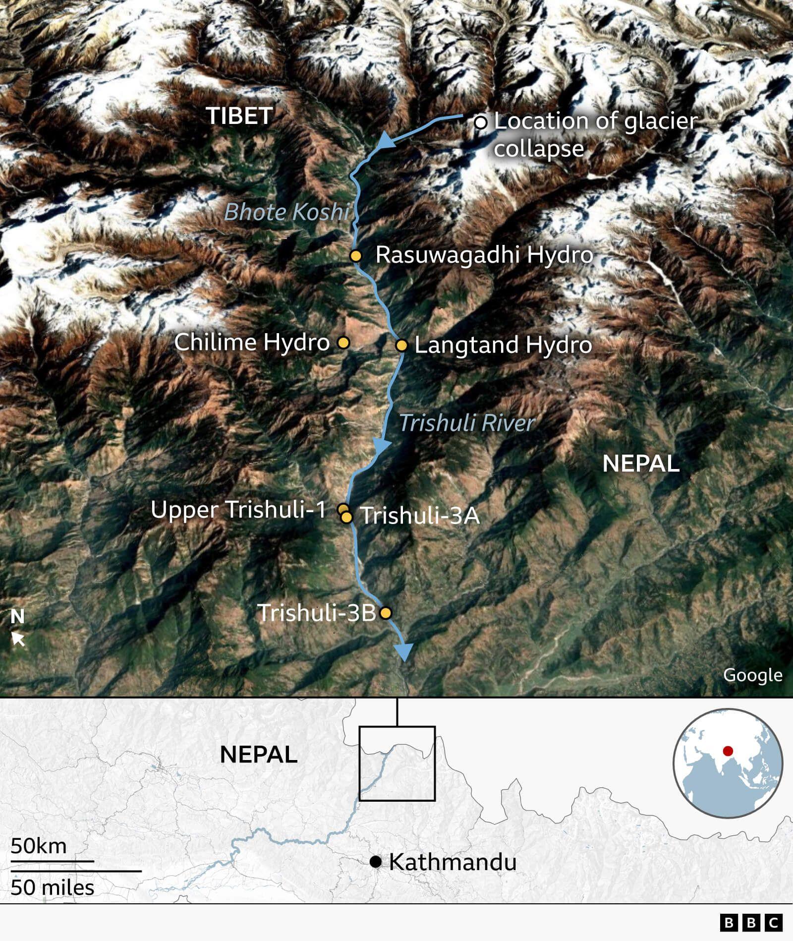 A map showing the location of the glacier collapse and hydropower plants along the Trishuli RIver