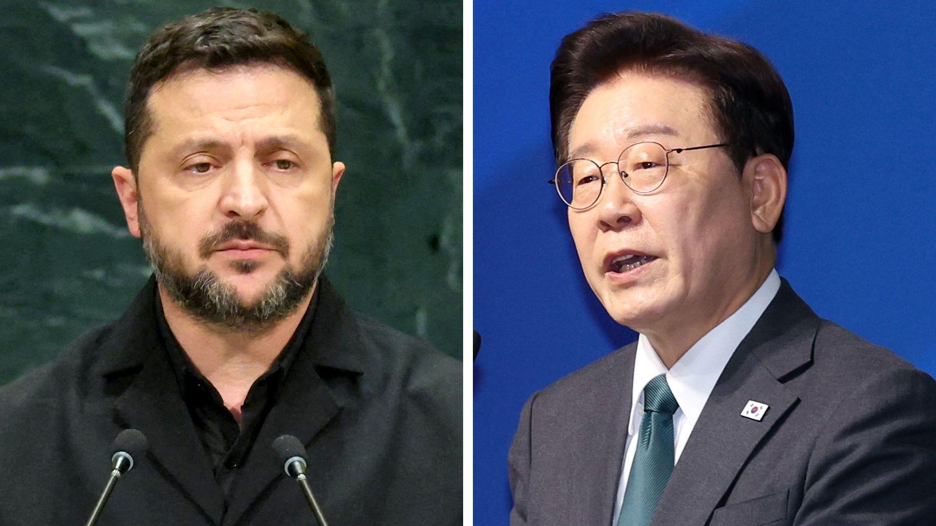 Composite image of Ukrainian President Volodymyr Zelensky, who has short dark hair, facial hair and is wearing a black shirt and jacket, and South Korean President Lee Jae Myung, who has short black hair and is wearing a white shirt, grey jacket and teal tie.