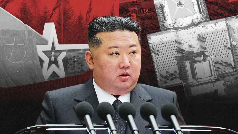 The image shows Kim Jong Un giving a speech at the centre. Behind him, there is a close-up of the wall with names of the troops on the left and a satellite image of the complex on the right.