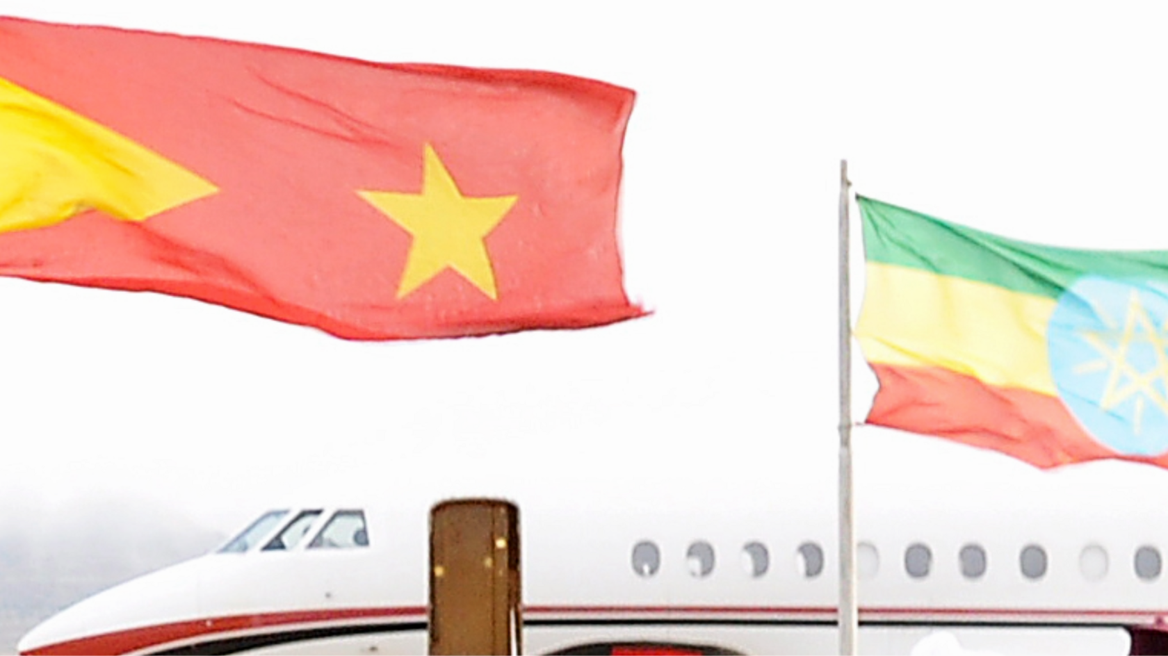 A close-up of a small plane at Mekelle airport, with the TPLP flag and Ethiopia flag flying in front of it - archive shot