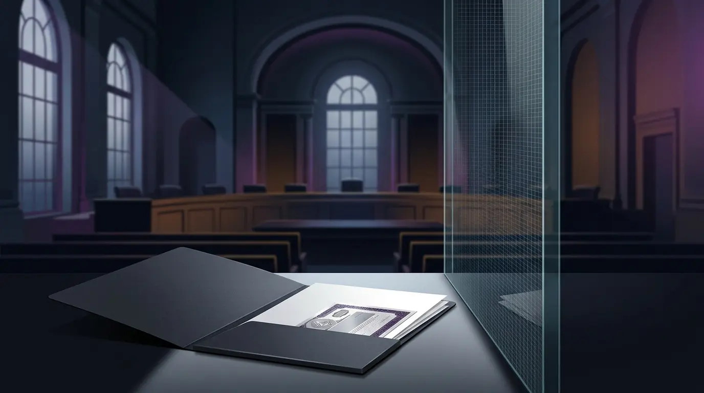 Abstract editorial scene showing a financial disclosure separated from a government policy chamber, symbolizing crypto recusal questions.