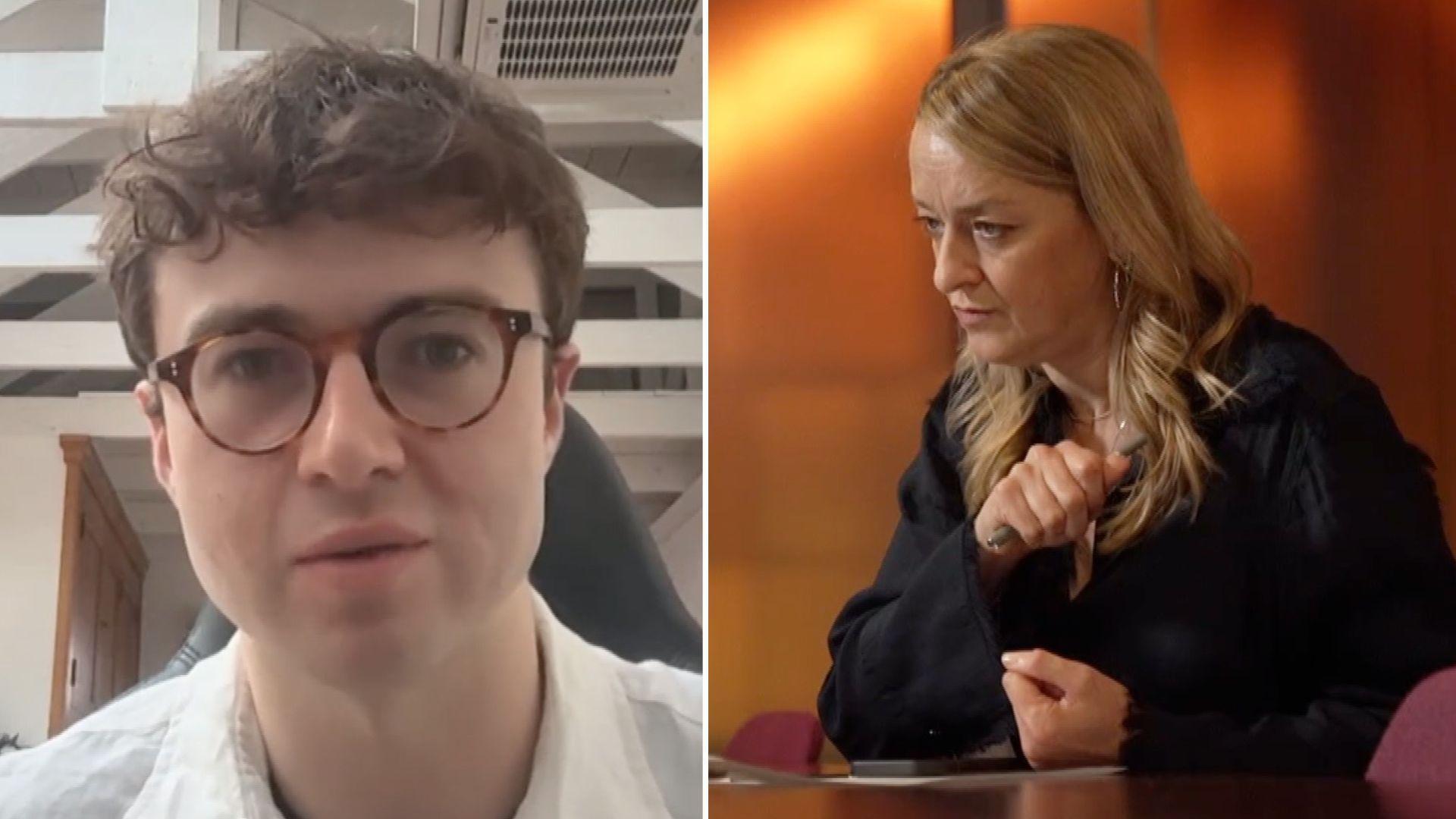 Jacob Coxon, shown on the left, wearing dark frame glasses and a white collored shirt. On the right is BBC's Laura Kuenssberg in a black shirt sitting with her arms on a desk as she looks to the left of frame.